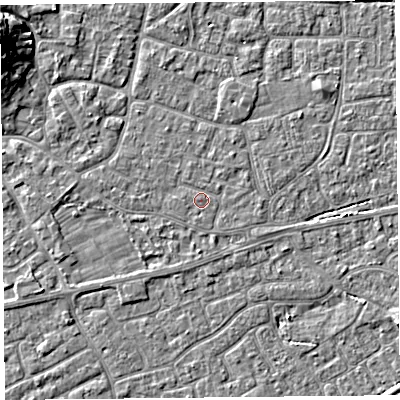 Shaded relief map of the ground around BS226LH, computed from Environment Agency LiDAR. The ground here sits at about 6 m above sea level and falls 11 m across the surrounding 800 m. Surface water reaching this point runs off ground lying to the west, 0.7 m higher.