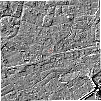 Shaded relief map of the ground around BS226LJ, computed from Environment Agency LiDAR. The ground here sits at about 6 m above sea level and falls 9 m across the surrounding 800 m. Surface water reaching this point runs off ground lying to the west-north-west, 0.7 m higher.