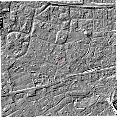 Shaded relief map of the ground around BS226LL, computed from Environment Agency LiDAR. The ground here sits at about 6 m above sea level and falls 7 m across the surrounding 800 m. Surface water reaching this point runs off ground lying to the west, 0.7 m higher.