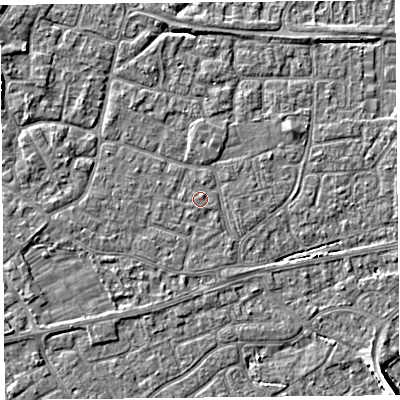 Shaded relief map of the ground around BS226LN, computed from Environment Agency LiDAR. The ground here sits at about 6 m above sea level and falls 6 m across the surrounding 800 m. The ground contributing surface water to this point lies to the north.