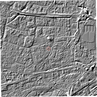 Shaded relief map of the ground around BS226LP, computed from Environment Agency LiDAR. The ground here sits at about 6 m above sea level and falls 5 m across the surrounding 800 m. Surface water reaching this point runs off ground lying to the north, 1.9 m higher.
