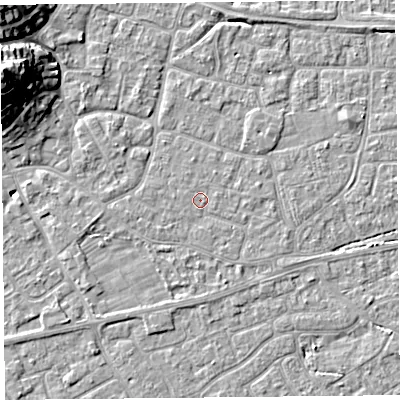 Shaded relief map of the ground around BS226LQ, computed from Environment Agency LiDAR. The ground here sits at about 6 m above sea level and falls 20 m across the surrounding 800 m. Surface water reaching this point runs off ground lying to the west-south-west, 0.7 m higher.