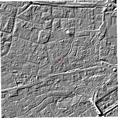 Shaded relief map of the ground around BS226LR, computed from Environment Agency LiDAR. The ground here sits at about 6 m above sea level and falls 8 m across the surrounding 800 m. Surface water reaching this point runs off ground lying to the north-north-east, 2.2 m higher.