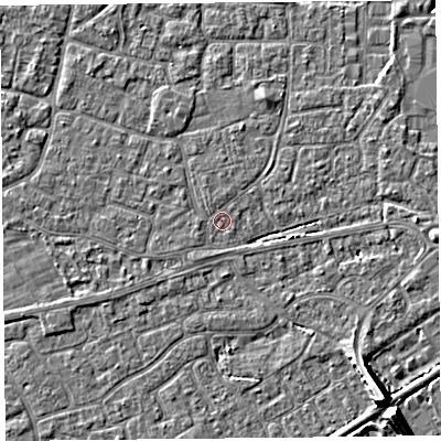 Shaded relief map of the ground around BS226LS, computed from Environment Agency LiDAR. The ground here sits at about 5 m above sea level and falls 7 m across the surrounding 800 m. Surface water reaching this point runs off ground lying to the north-north-east, 2.1 m higher.