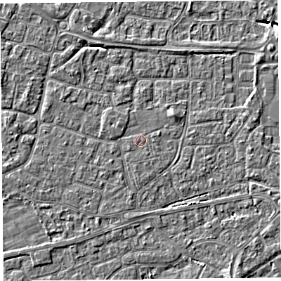 Shaded relief map of the ground around BS226LW, computed from Environment Agency LiDAR. The ground here sits at about 6 m above sea level and falls 5 m across the surrounding 800 m. Surface water reaching this point runs off ground lying to the north-east, 1.2 m higher.
