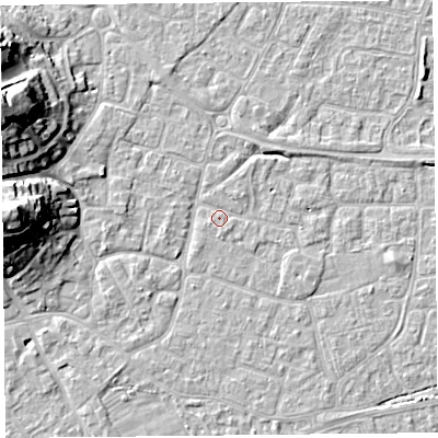 Shaded relief map of the ground around BS226NA, computed from Environment Agency LiDAR. The ground here sits at about 6 m above sea level and falls 20 m across the surrounding 800 m. Surface water reaching this point runs off ground lying to the north-north-east, 1.0 m higher.