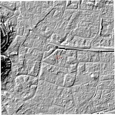 Shaded relief map of the ground around BS226NB, computed from Environment Agency LiDAR. The ground here sits at about 6 m above sea level and falls 12 m across the surrounding 800 m. Surface water reaching this point runs off ground lying to the north, 1.0 m higher.