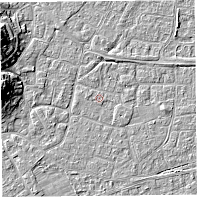 Shaded relief map of the ground around BS226ND, computed from Environment Agency LiDAR. The ground here sits at about 6 m above sea level and falls 14 m across the surrounding 800 m. The ground contributing surface water to this point lies to the west.