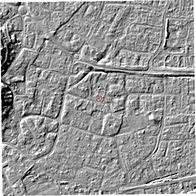 Shaded relief map of the ground around BS226NE, computed from Environment Agency LiDAR. The ground here sits at about 6 m above sea level and falls 6 m across the surrounding 800 m. Surface water reaching this point runs off ground lying to the north-north-west, 1.0 m higher.
