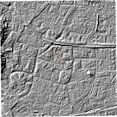 Shaded relief map of the ground around BS226NG, computed from Environment Agency LiDAR. The ground here sits at about 6 m above sea level and falls 5 m across the surrounding 800 m. The ground contributing surface water to this point lies to the east-north-east.
