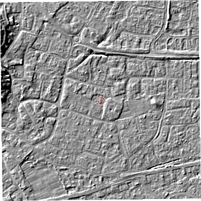 Shaded relief map of the ground around BS226NH, computed from Environment Agency LiDAR. The ground here sits at about 6 m above sea level and falls 6 m across the surrounding 800 m. Surface water reaching this point runs off ground lying to the east, 0.7 m higher.