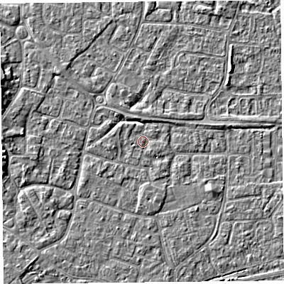 Shaded relief map of the ground around BS226NL, computed from Environment Agency LiDAR. The ground here sits at about 6 m above sea level and falls 4 m across the surrounding 800 m. Surface water reaching this point runs off ground lying to the north-east, 0.7 m higher.