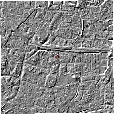 Shaded relief map of the ground around BS226NN, computed from Environment Agency LiDAR. The ground here sits at about 6 m above sea level and falls 5 m across the surrounding 800 m. Surface water reaching this point runs off ground lying to the north-north-west, 1.4 m higher.