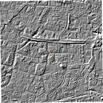 Shaded relief map of the ground around BS226NP, computed from Environment Agency LiDAR. The ground here sits at about 6 m above sea level and falls 5 m across the surrounding 800 m. Surface water reaching this point runs off ground lying to the north-west, 1.4 m higher.