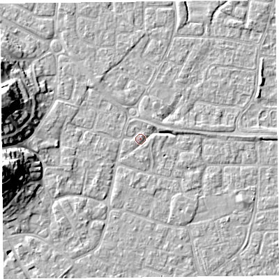 Shaded relief map of the ground around BS226NQ, computed from Environment Agency LiDAR. The ground here sits at about 6 m above sea level and falls 19 m across the surrounding 800 m. Surface water reaching this point runs off ground lying to the east-north-east, 2.1 m higher.