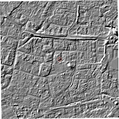 Shaded relief map of the ground around BS226NR, computed from Environment Agency LiDAR. The ground here sits at about 6 m above sea level and falls 5 m across the surrounding 800 m. Surface water reaching this point runs off ground lying to the east-south-east, 1.4 m higher.