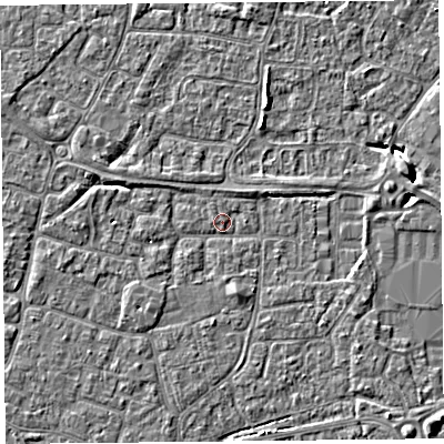 Shaded relief map of the ground around BS226NS, computed from Environment Agency LiDAR. The ground here sits at about 6 m above sea level and falls 5 m across the surrounding 800 m. Surface water reaching this point runs off ground lying to the south, 1.9 m higher.