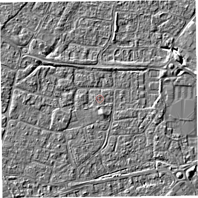 Shaded relief map of the ground around BS226NT, computed from Environment Agency LiDAR. The ground here sits at about 6 m above sea level and falls 5 m across the surrounding 800 m. The ground contributing surface water to this point lies to the north-east.