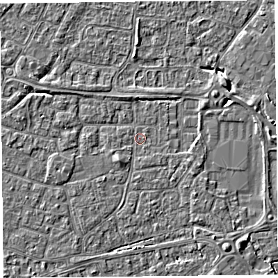 Shaded relief map of the ground around BS226NU, computed from Environment Agency LiDAR. The ground here sits at about 6 m above sea level and falls 6 m across the surrounding 800 m. Surface water reaching this point runs off ground lying to the east-north-east, 3.7 m higher.