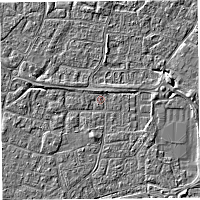 Shaded relief map of the ground around BS226NX, computed from Environment Agency LiDAR. The ground here sits at about 6 m above sea level and falls 5 m across the surrounding 800 m. Surface water reaching this point runs off ground lying to the south, 1.9 m higher.
