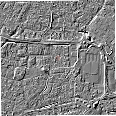 Shaded relief map of the ground around BS226NY, computed from Environment Agency LiDAR. The ground here sits at about 6 m above sea level and falls 6 m across the surrounding 800 m. Surface water reaching this point runs off ground lying to the east-north-east, 3.7 m higher.