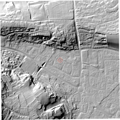 Shaded relief map of the ground around BS226PA, computed from Environment Agency LiDAR. The ground here sits at about 6 m above sea level and falls 35 m across the surrounding 800 m. Surface water reaching this point runs off ground lying to the south-west, 31.9 m higher.