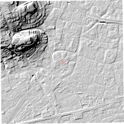 Shaded relief map of the ground around BS226PH, computed from Environment Agency LiDAR. The ground here sits at about 6 m above sea level and falls 25 m across the surrounding 800 m. Surface water reaching this point runs off ground lying to the west, 0.5 m higher.