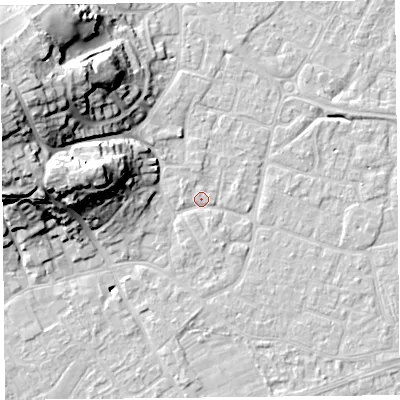 Shaded relief map of the ground around BS226PJ, computed from Environment Agency LiDAR. The ground here sits at about 6 m above sea level and falls 26 m across the surrounding 800 m. Surface water reaching this point runs off ground lying to the north-west, 23.6 m higher.