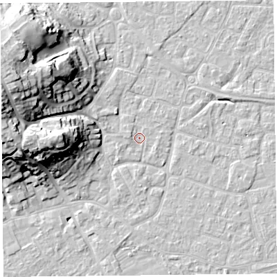 Shaded relief map of the ground around BS226PL, computed from Environment Agency LiDAR. The ground here sits at about 6 m above sea level and falls 25 m across the surrounding 800 m. Surface water reaching this point runs off ground lying to the west, 1.0 m higher.