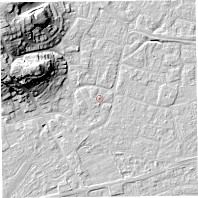 Shaded relief map of the ground around BS226PN, computed from Environment Agency LiDAR. The ground here sits at about 6 m above sea level and falls 25 m across the surrounding 800 m. Surface water reaching this point runs off ground lying to the south-west, 0.6 m higher.