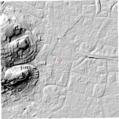 Shaded relief map of the ground around BS226PP, computed from Environment Agency LiDAR. The ground here sits at about 6 m above sea level and falls 25 m across the surrounding 800 m. Surface water reaching this point runs off ground lying to the north, 1.4 m higher.