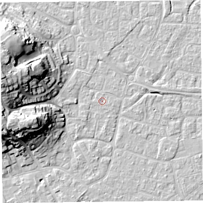 Shaded relief map of the ground around BS226PR, computed from Environment Agency LiDAR. The ground here sits at about 6 m above sea level and falls 25 m across the surrounding 800 m. The ground contributing surface water to this point lies to the east-south-east.