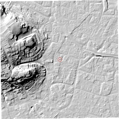 Shaded relief map of the ground around BS226PS, computed from Environment Agency LiDAR. The ground here sits at about 6 m above sea level and falls 25 m across the surrounding 800 m. Surface water reaching this point runs off ground lying to the west, 2.7 m higher.