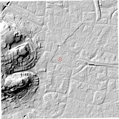 Shaded relief map of the ground around BS226PU, computed from Environment Agency LiDAR. The ground here sits at about 6 m above sea level and falls 25 m across the surrounding 800 m. Surface water reaching this point runs off ground lying to the north, 1.4 m higher.