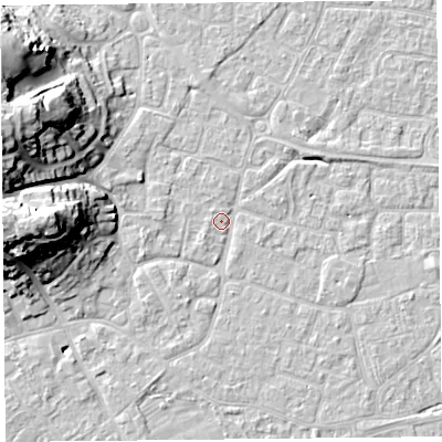 Shaded relief map of the ground around BS226PW, computed from Environment Agency LiDAR. The ground here sits at about 6 m above sea level and falls 22 m across the surrounding 800 m. Surface water reaching this point runs off ground lying to the west, 18.9 m higher.