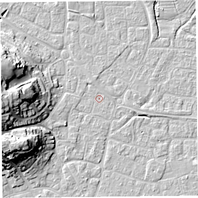 Shaded relief map of the ground around BS226PX, computed from Environment Agency LiDAR. The ground here sits at about 6 m above sea level and falls 23 m across the surrounding 800 m. Surface water reaching this point runs off ground lying to the north-north-west, 1.4 m higher.