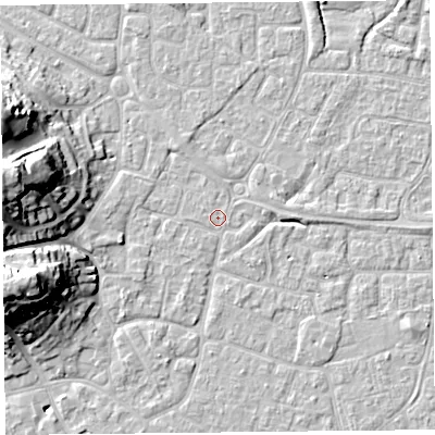 Shaded relief map of the ground around BS226PY, computed from Environment Agency LiDAR. The ground here sits at about 6 m above sea level and falls 21 m across the surrounding 800 m. Surface water reaching this point runs off ground lying to the north-north-west, 1.4 m higher.