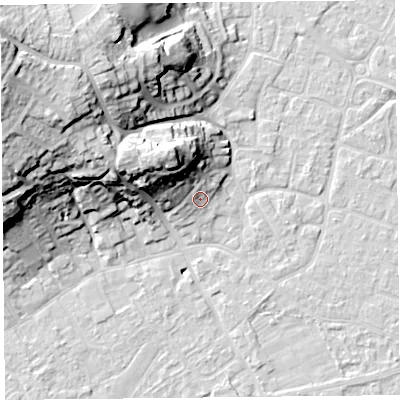 Shaded relief map of the ground around BS226QN, computed from Environment Agency LiDAR. The ground here sits at about 8 m above sea level and falls 32 m across the surrounding 800 m. Surface water reaching this point runs off ground lying to the north-west, 16.5 m higher.