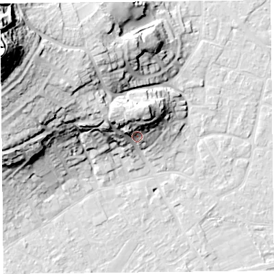 Shaded relief map of the ground around BS226QP, computed from Environment Agency LiDAR. The ground here sits at about 13 m above sea level and falls 52 m across the surrounding 800 m. Surface water reaching this point runs off ground lying to the north-west, 14.6 m higher.