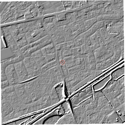 Shaded relief map of the ground around BS226RA, computed from Environment Agency LiDAR. The ground here sits at about 5 m above sea level and falls 7 m across the surrounding 800 m. Surface water reaching this point runs off ground lying to the south, 6.0 m higher.