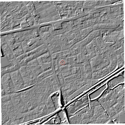 Shaded relief map of the ground around BS226RB, computed from Environment Agency LiDAR. The ground here sits at about 5 m above sea level and falls 7 m across the surrounding 800 m. Surface water reaching this point runs off ground lying to the south, 6.0 m higher.
