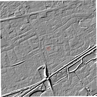 Shaded relief map of the ground around BS226RD, computed from Environment Agency LiDAR. The ground here sits at about 5 m above sea level and falls 7 m across the surrounding 800 m. Surface water reaching this point runs off ground lying to the south, 6.0 m higher.
