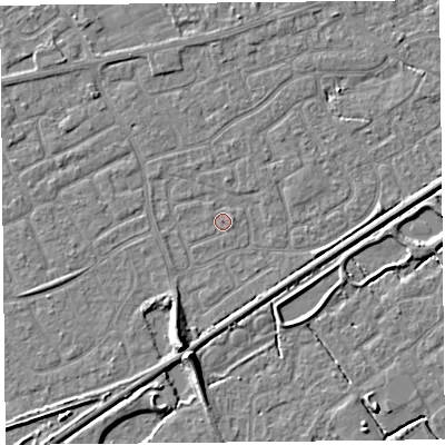 Shaded relief map of the ground around BS226RE, computed from Environment Agency LiDAR. The ground here sits at about 5 m above sea level and falls 7 m across the surrounding 800 m. Surface water reaching this point runs off ground lying to the east-south-east, 0.5 m higher.