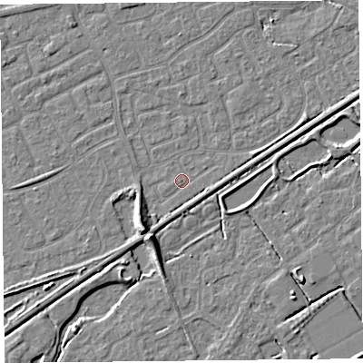 Shaded relief map of the ground around BS226RG, computed from Environment Agency LiDAR. The ground here sits at about 5 m above sea level and falls 7 m across the surrounding 800 m. Surface water reaching this point runs off ground lying to the south-south-west, 5.9 m higher.