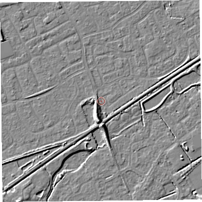 Shaded relief map of the ground around BS226RJ, computed from Environment Agency LiDAR. The ground here sits at about 5 m above sea level and falls 7 m across the surrounding 800 m. Surface water reaching this point runs off ground lying to the south, 5.8 m higher.