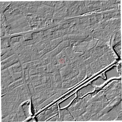 Shaded relief map of the ground around BS226RP, computed from Environment Agency LiDAR. The ground here sits at about 6 m above sea level and falls 7 m across the surrounding 800 m. Surface water reaching this point runs off ground lying to the north-west, 0.5 m higher.