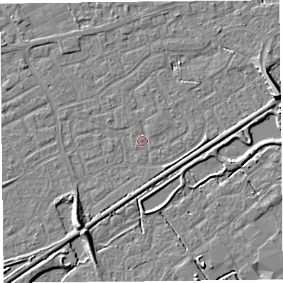 Shaded relief map of the ground around BS226RR, computed from Environment Agency LiDAR. The ground here sits at about 5 m above sea level and falls 8 m across the surrounding 800 m. Surface water reaching this point runs off ground lying to the east-north-east, 6.8 m higher.