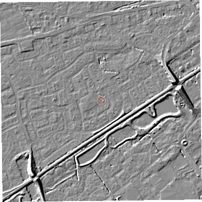 Shaded relief map of the ground around BS226RS, computed from Environment Agency LiDAR. The ground here sits at about 5 m above sea level and falls 9 m across the surrounding 800 m. Surface water reaching this point runs off ground lying to the east-north-east, 7.3 m higher.