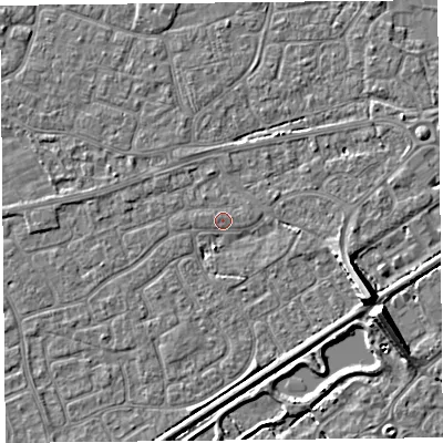 Shaded relief map of the ground around BS226RT, computed from Environment Agency LiDAR. The ground here sits at about 6 m above sea level and falls 9 m across the surrounding 800 m. Surface water reaching this point runs off ground lying to the south-south-west, 2.0 m higher.