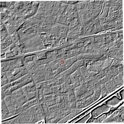 Shaded relief map of the ground around BS226RU, computed from Environment Agency LiDAR. The ground here sits at about 6 m above sea level and falls 3 m across the surrounding 800 m. Surface water reaching this point runs off ground lying to the north-north-west, 0.7 m higher.